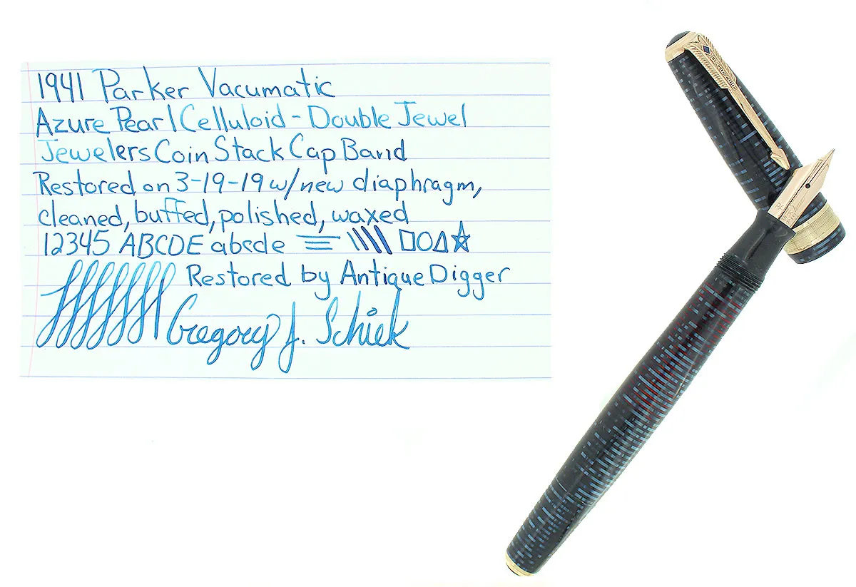 1941 PARKER AZURE VACUMATIC DOUBLE JEWEL JEWELER CAP BAND FOUNTAIN PEN RESTORED