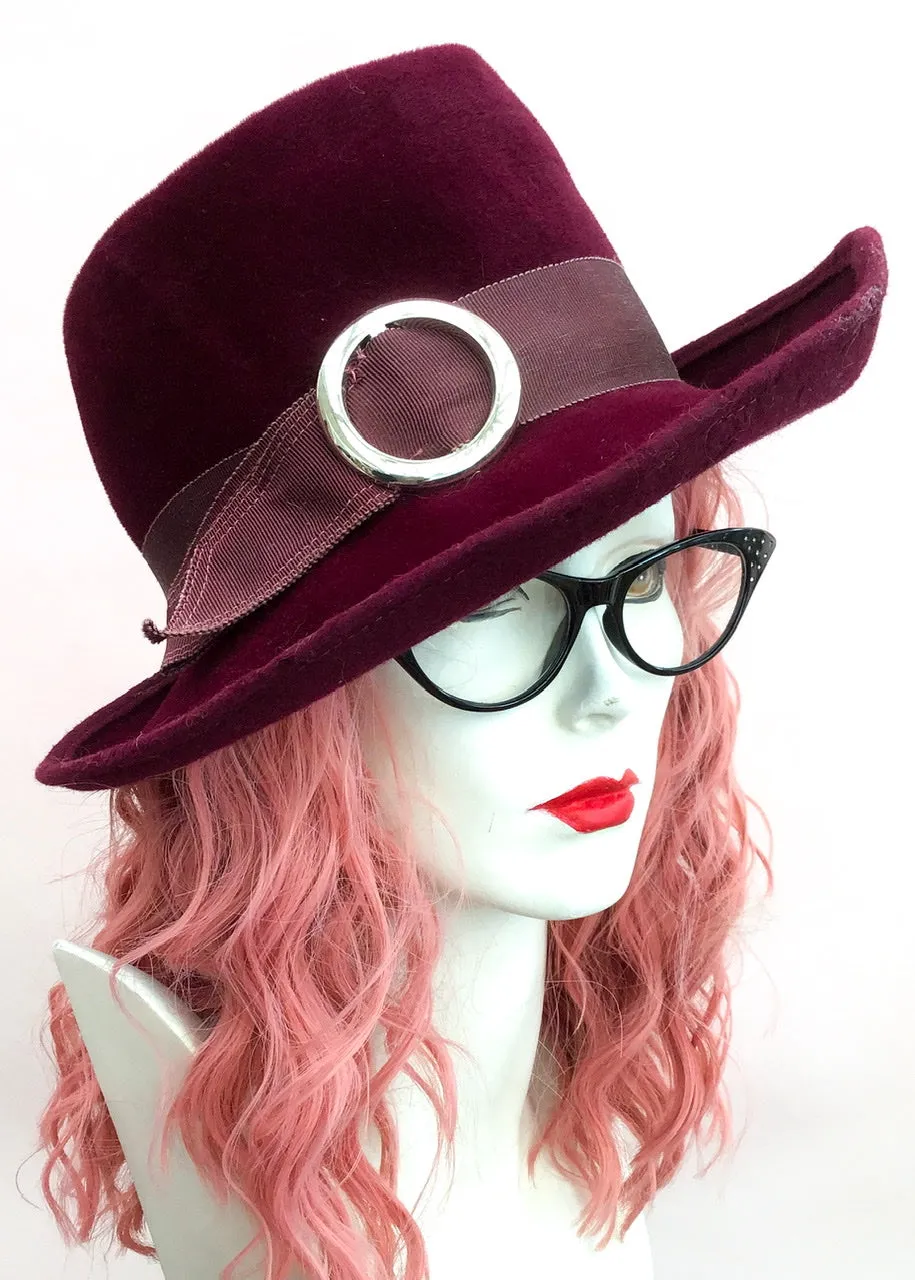 1970s Women's Vintage Burgundy Felt Trilby Hat with a Deep Crown