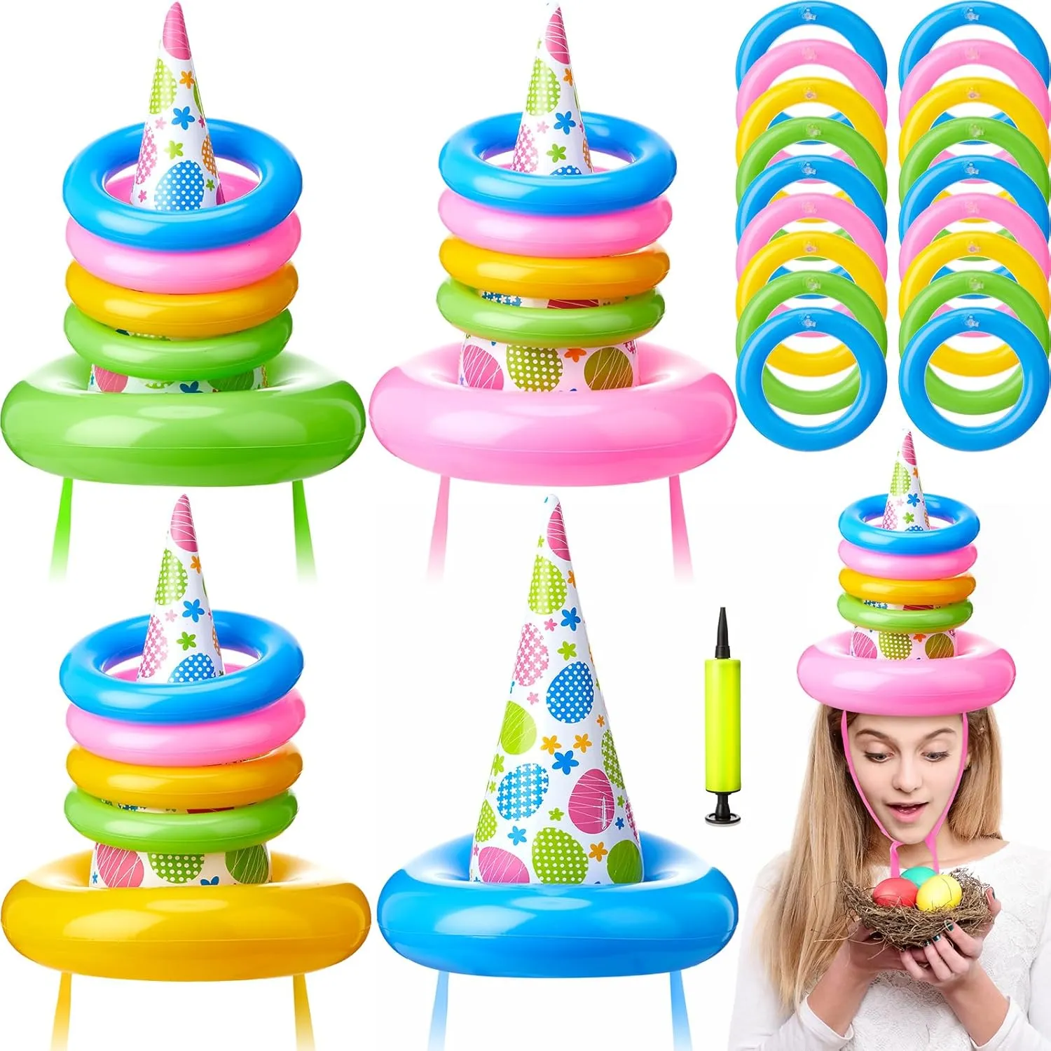 4 Sets 4th of July Party Games American Patriotic Star Inflatable Hats Ring Toss Game with 24 Rings and 1 Air Pump for Summer Pool Memorial Day Party Favor Supplies