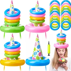 4 Sets 4th of July Party Games American Patriotic Star Inflatable Hats Ring Toss Game with 24 Rings and 1 Air Pump for Summer Pool Memorial Day Party Favor Supplies
