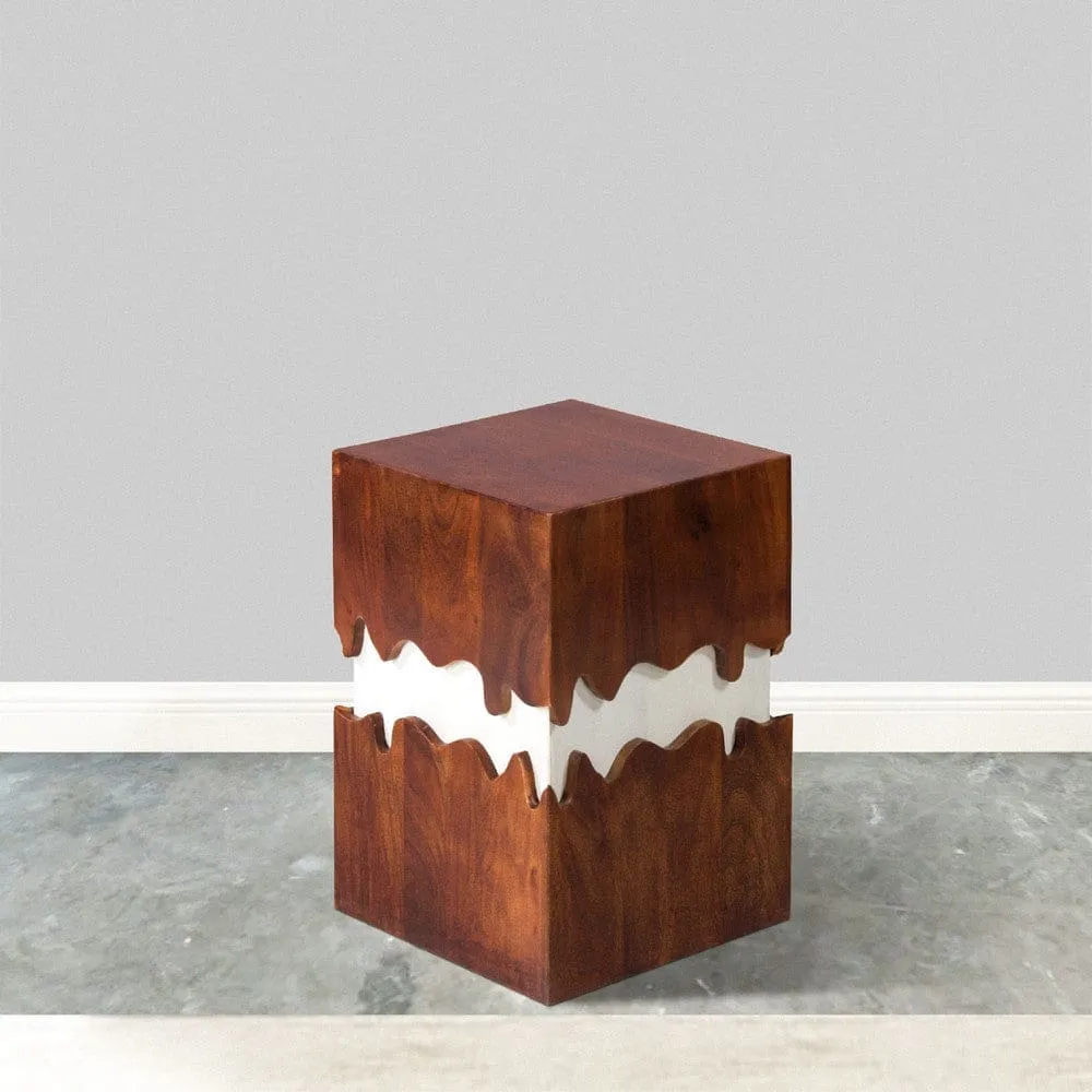 Allen 21 Inch Modern 2 Tone Acacia Wood Side End Table, Block Pedestal, Abstract Design, Walnut, White By The Urban Port