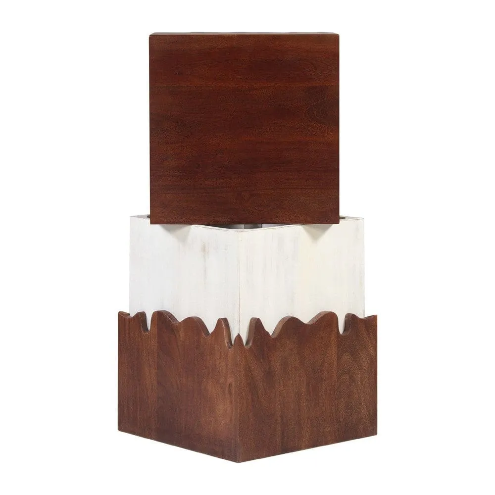 Allen 21 Inch Modern 2 Tone Acacia Wood Side End Table, Block Pedestal, Abstract Design, Walnut, White By The Urban Port
