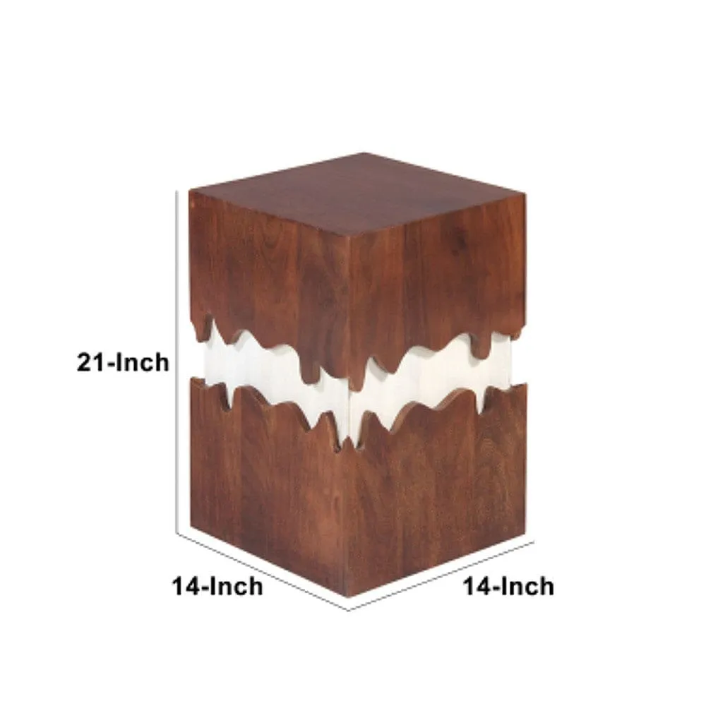 Allen 21 Inch Modern 2 Tone Acacia Wood Side End Table, Block Pedestal, Abstract Design, Walnut, White By The Urban Port