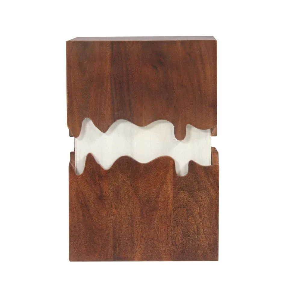 Allen 21 Inch Modern 2 Tone Acacia Wood Side End Table, Block Pedestal, Abstract Design, Walnut, White By The Urban Port