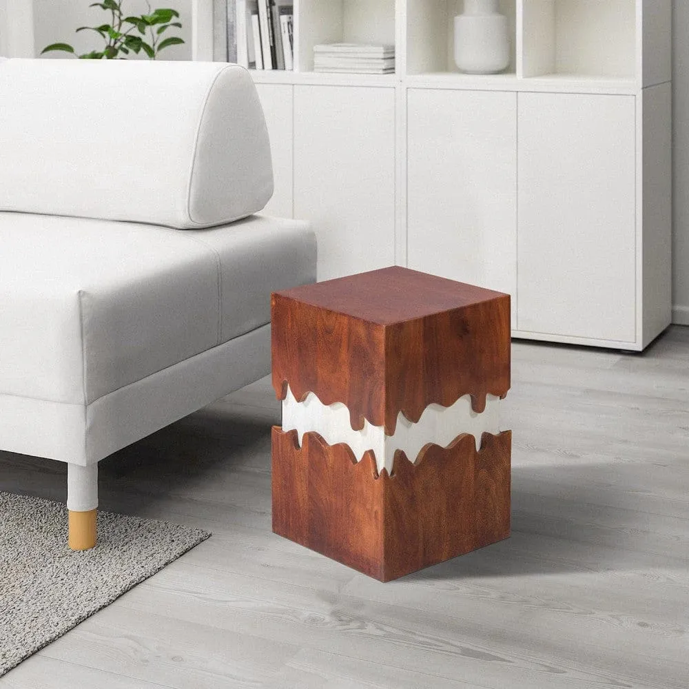 Allen 21 Inch Modern 2 Tone Acacia Wood Side End Table, Block Pedestal, Abstract Design, Walnut, White By The Urban Port