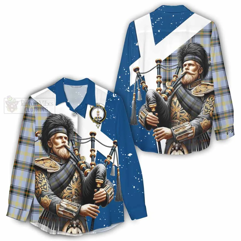 Bell Tartan Women's Casual Shirt with Family Crest Scottish Bagpiper Vibes