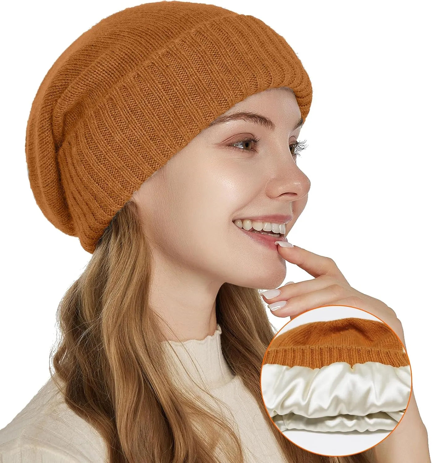 Cashmere Blend Satin Lined Beanie Hat Wool Winter Hats for Women Men Cuffed Hat Silk Lining Slouchy Beanie Women Knit Hat
