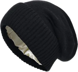 Cashmere Blend Satin Lined Beanie Hat Wool Winter Hats for Women Men Cuffed Hat Silk Lining Slouchy Beanie Women Knit Hat