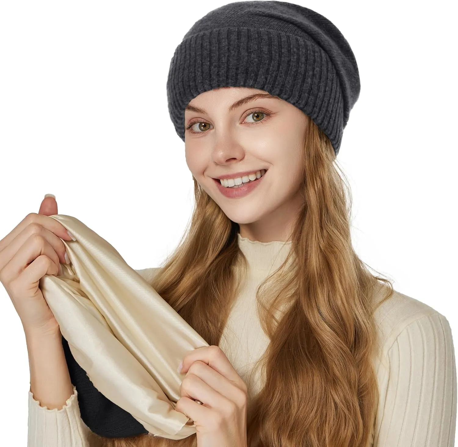 Cashmere Blend Satin Lined Beanie Hat Wool Winter Hats for Women Men Cuffed Hat Silk Lining Slouchy Beanie Women Knit Hat
