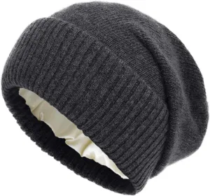 Cashmere Blend Satin Lined Beanie Hat Wool Winter Hats for Women Men Cuffed Hat Silk Lining Slouchy Beanie Women Knit Hat