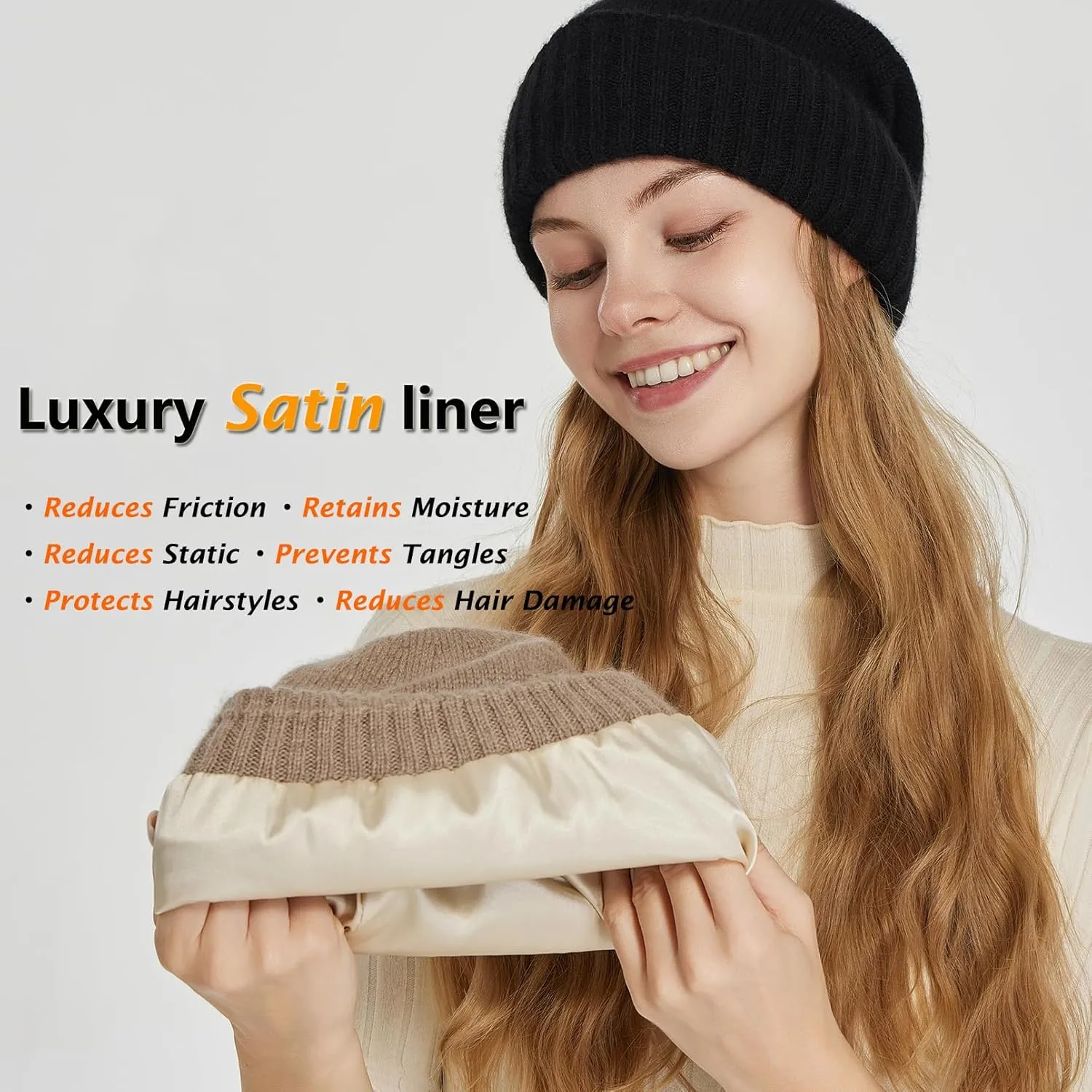 Cashmere Blend Satin Lined Beanie Hat Wool Winter Hats for Women Men Cuffed Hat Silk Lining Slouchy Beanie Women Knit Hat