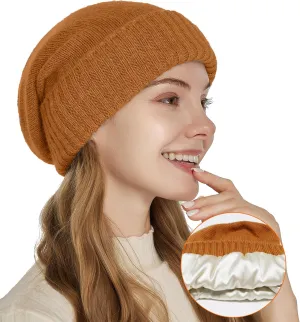 Cashmere Blend Satin Lined Beanie Hat Wool Winter Hats for Women Men Cuffed Hat Silk Lining Slouchy Beanie Women Knit Hat