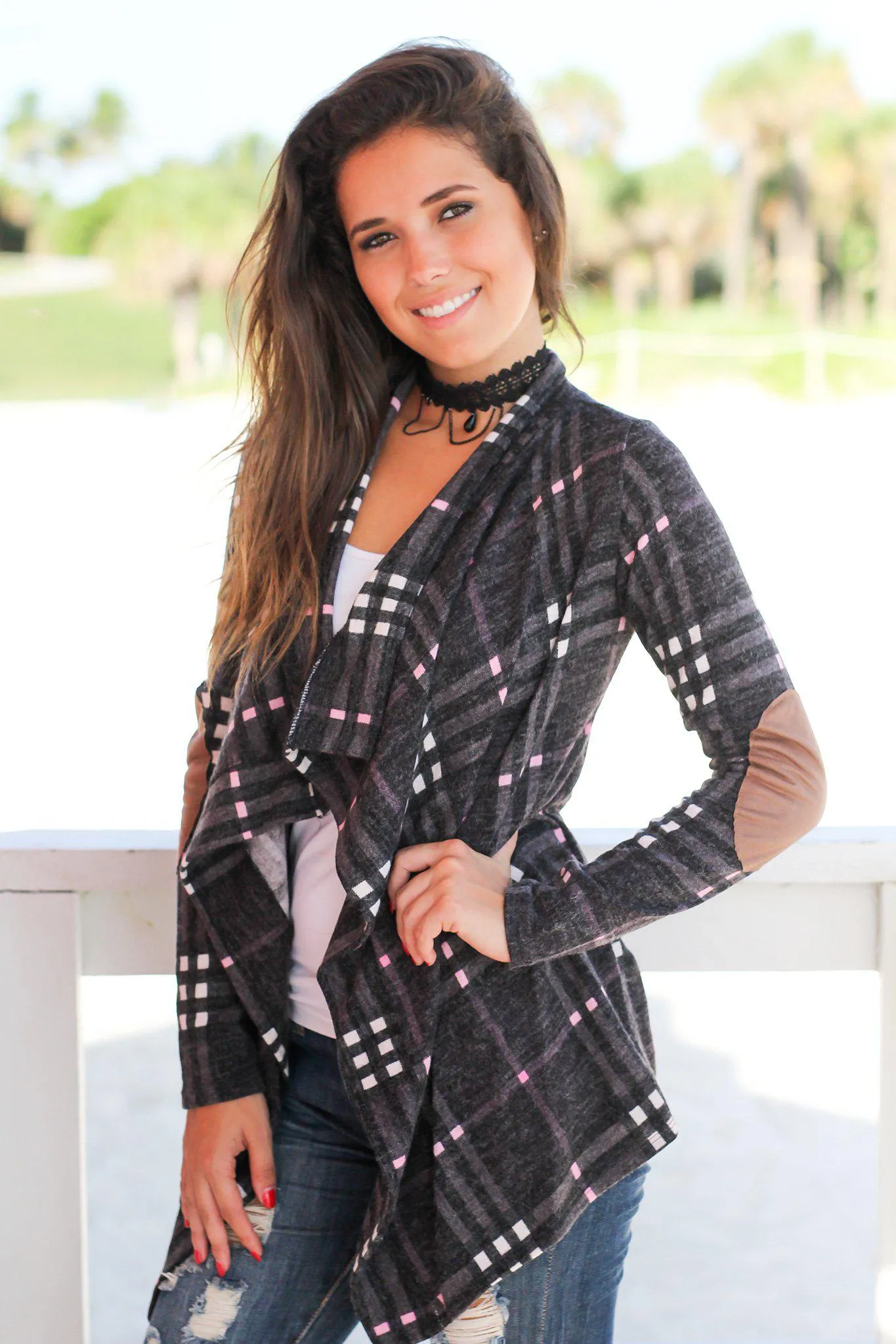 Charcoal Plaid Cardigan with Elbow Patches