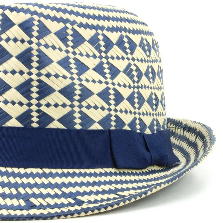 Check straw paper trilby hat with grosgrain band - Blue