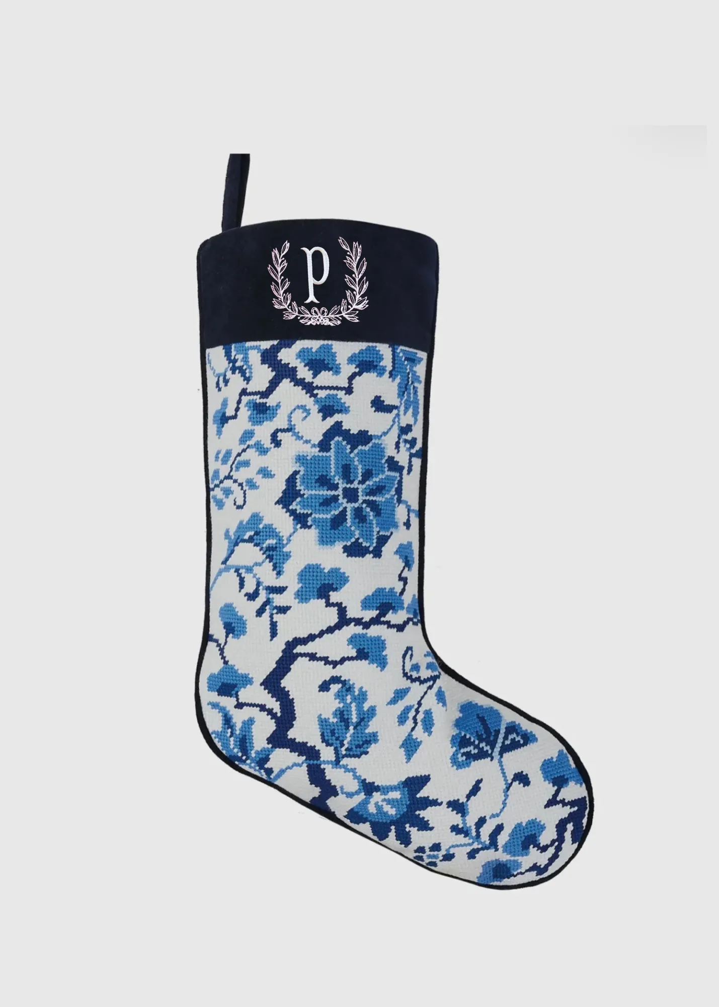Chinoiserie ornaments blue and white needlepoint stocking