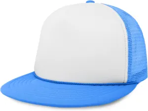 DALIX Flat Billed Trucker Hat Mesh Back S M L Adjustable Cap Solid Two Toned Snapback