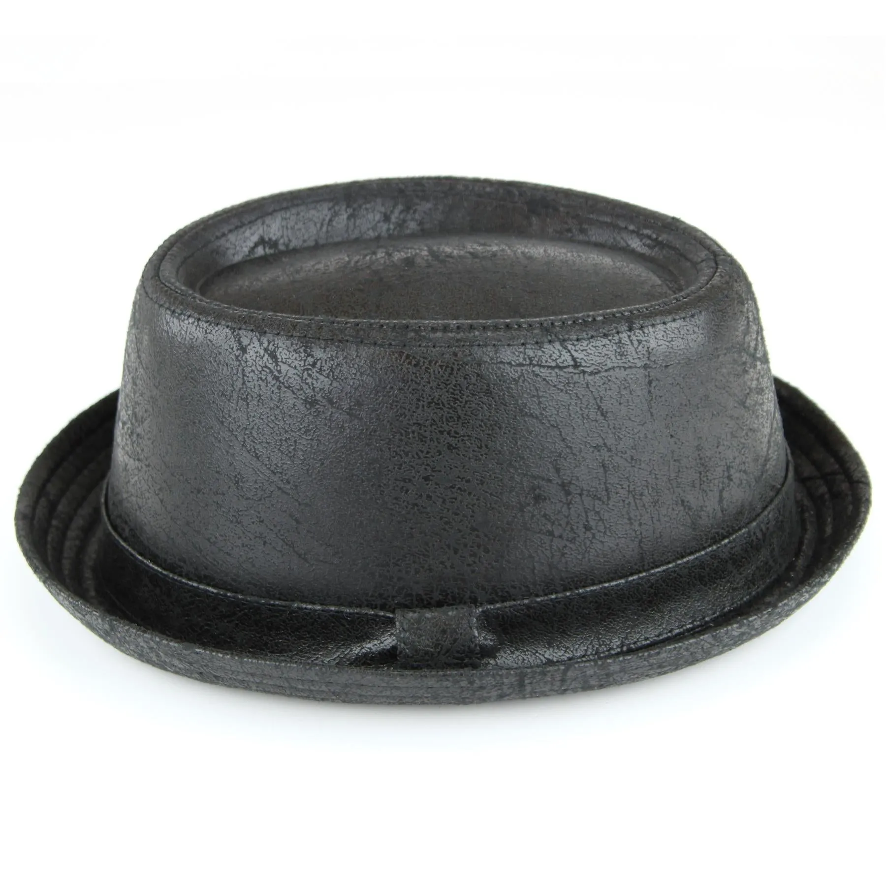Distressed Leather Effect Pork Pie Hat - Black