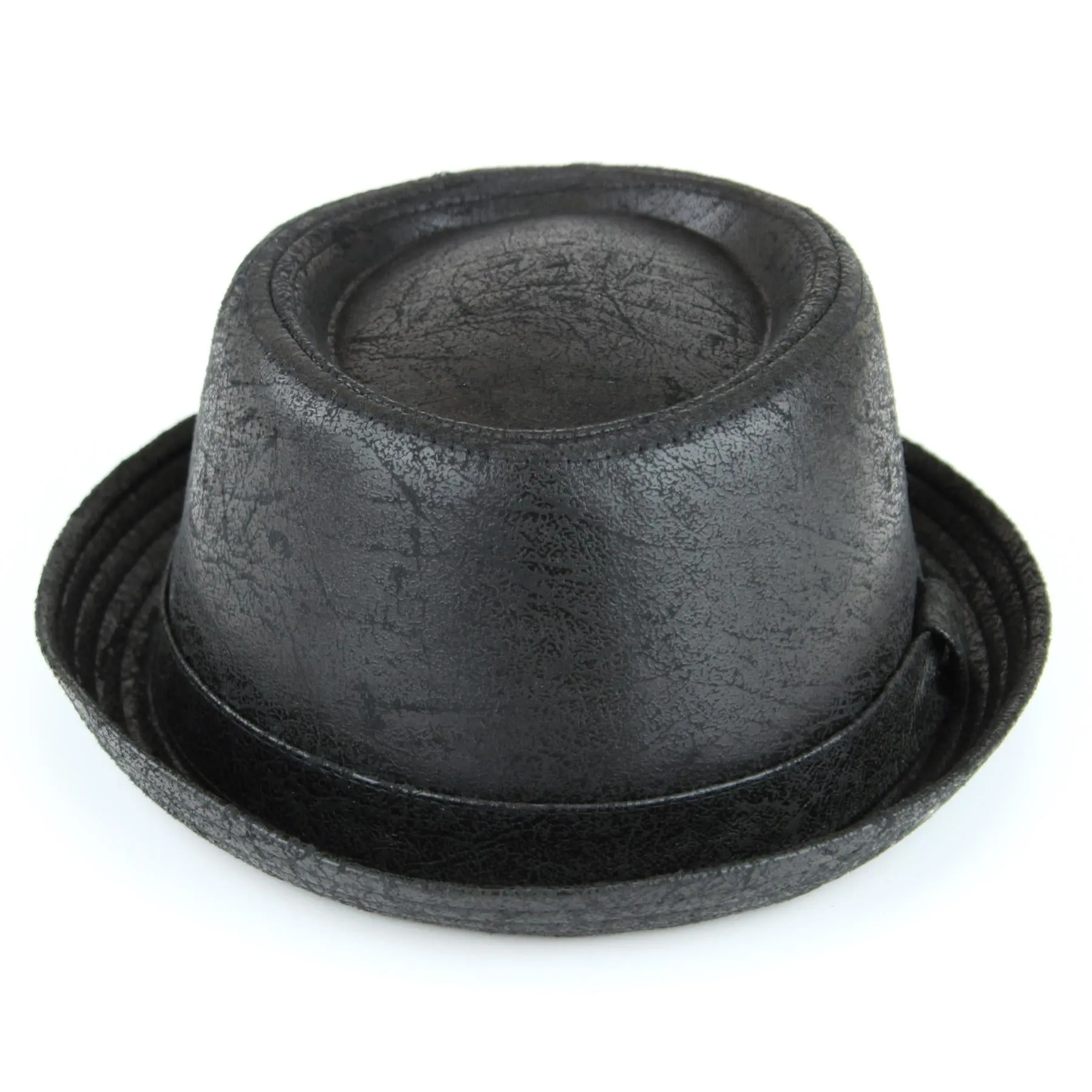 Distressed Leather Effect Pork Pie Hat - Black