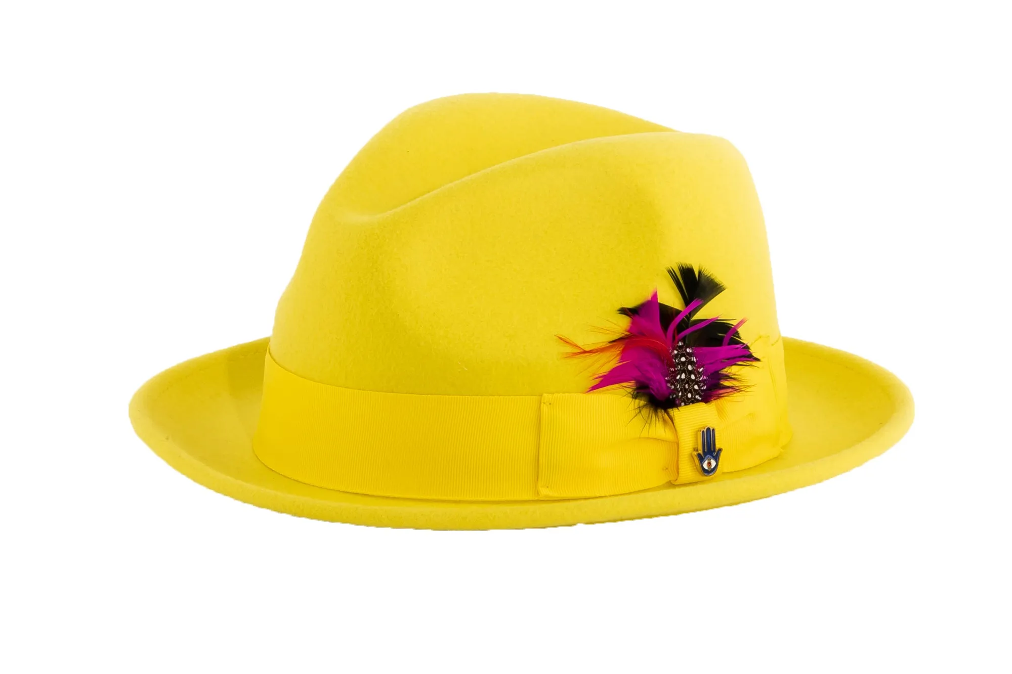 Ferrecci Brooks Trilby Soft 100% Australian Wool Felt Body with Removable Feather Fully Crushable yellow hat Great for Travel