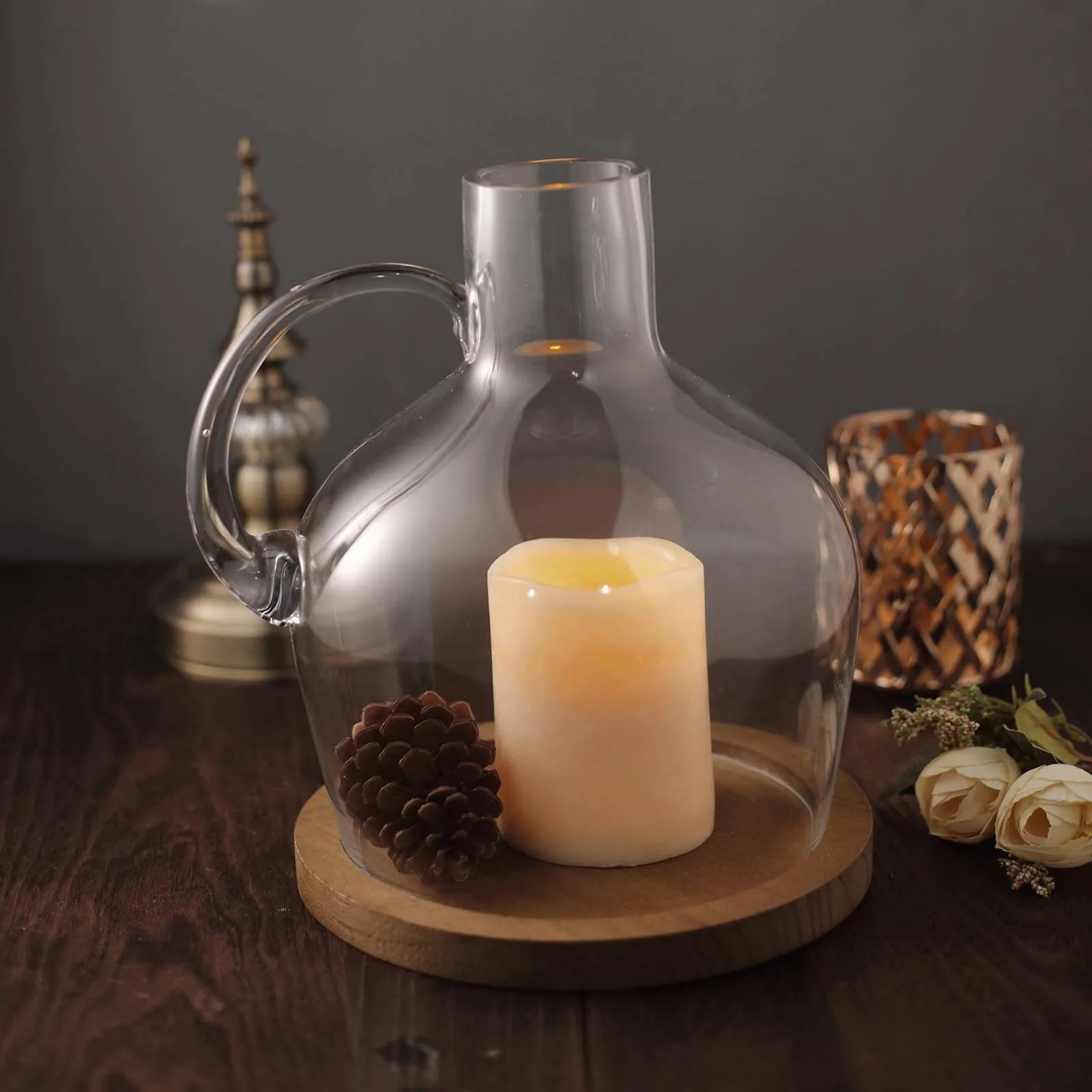 Glass Candle Holder Cloche Jar Dome 10" Clear with Wooden Base - Heavy Duty Wedding Centerpiece