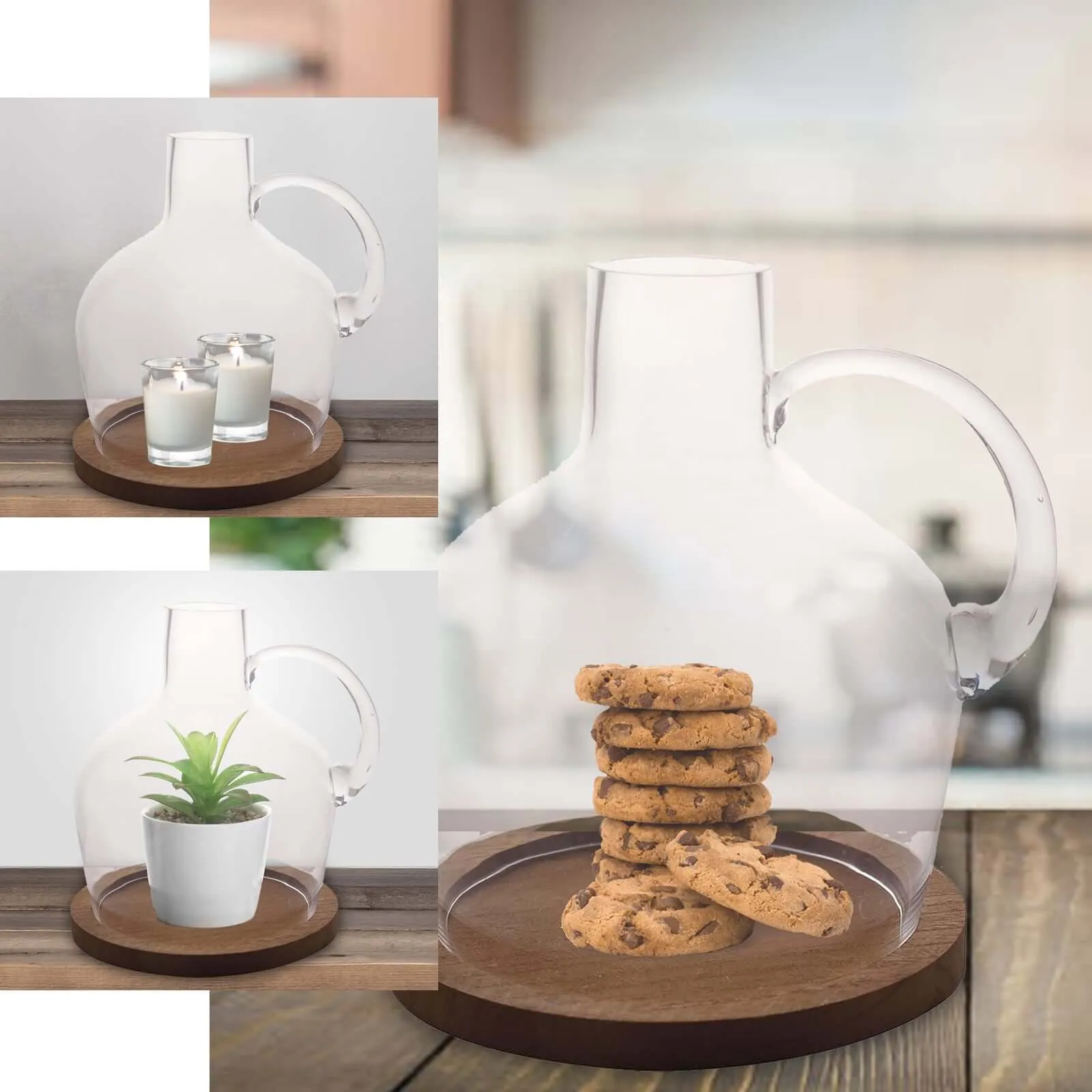 Glass Candle Holder Cloche Jar Dome 10" Clear with Wooden Base - Heavy Duty Wedding Centerpiece