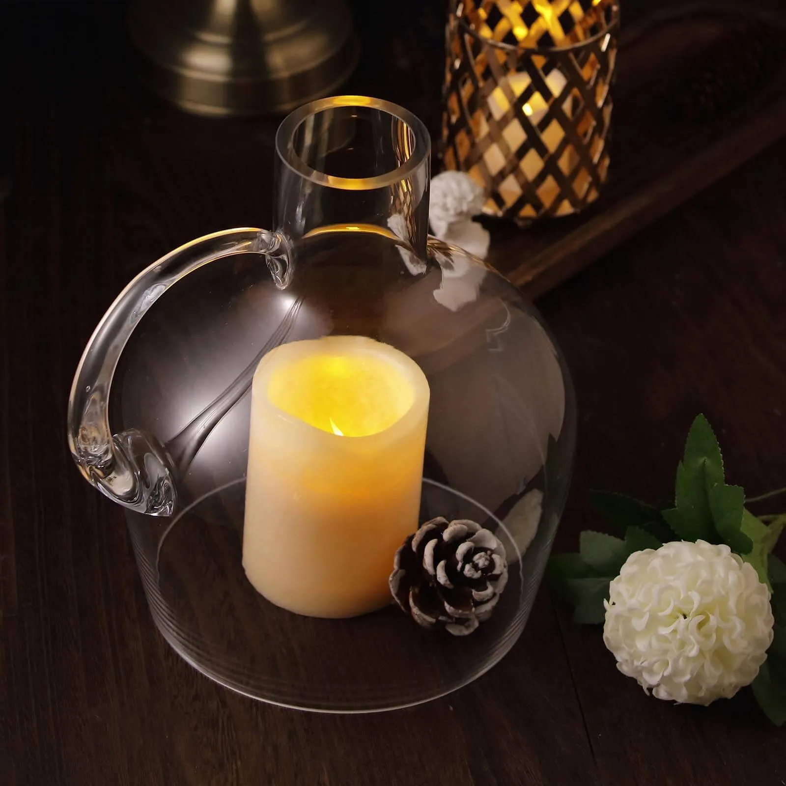 Glass Candle Holder Cloche Jar Dome 10" Clear with Wooden Base - Heavy Duty Wedding Centerpiece