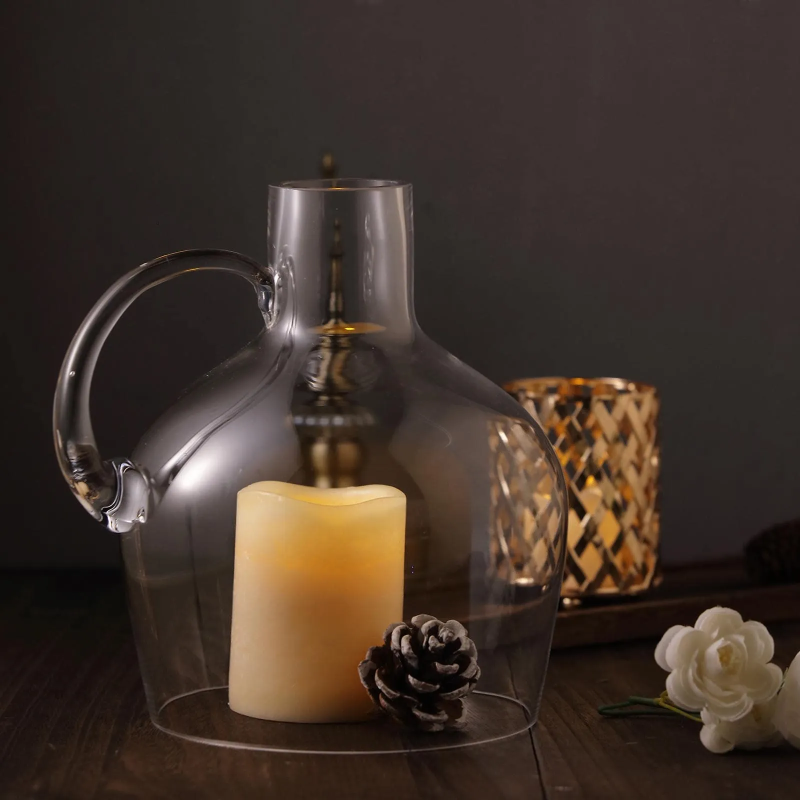 Glass Candle Holder Cloche Jar Dome 10" Clear with Wooden Base - Heavy Duty Wedding Centerpiece