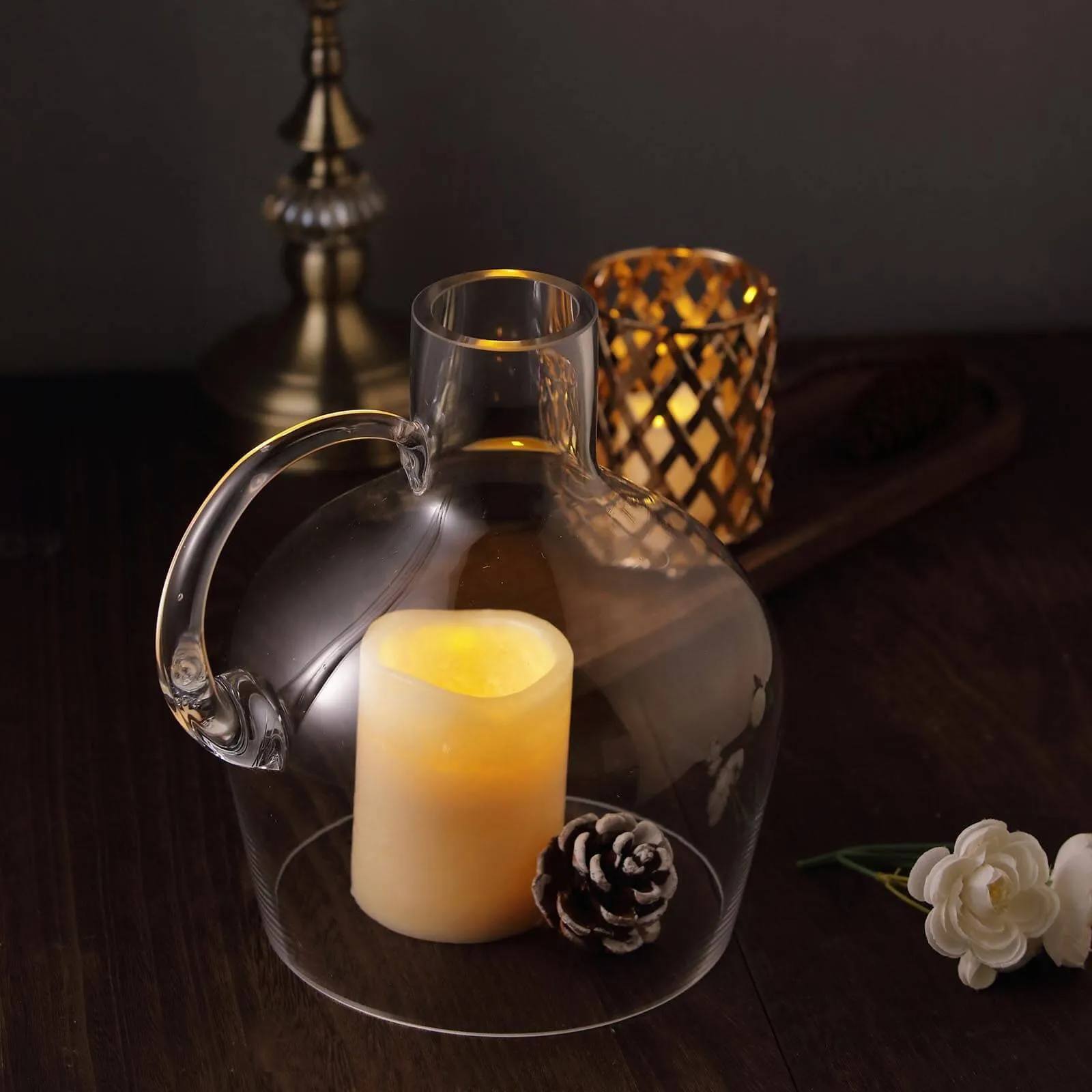 Glass Candle Holder Cloche Jar Dome 10" Clear with Wooden Base - Heavy Duty Wedding Centerpiece
