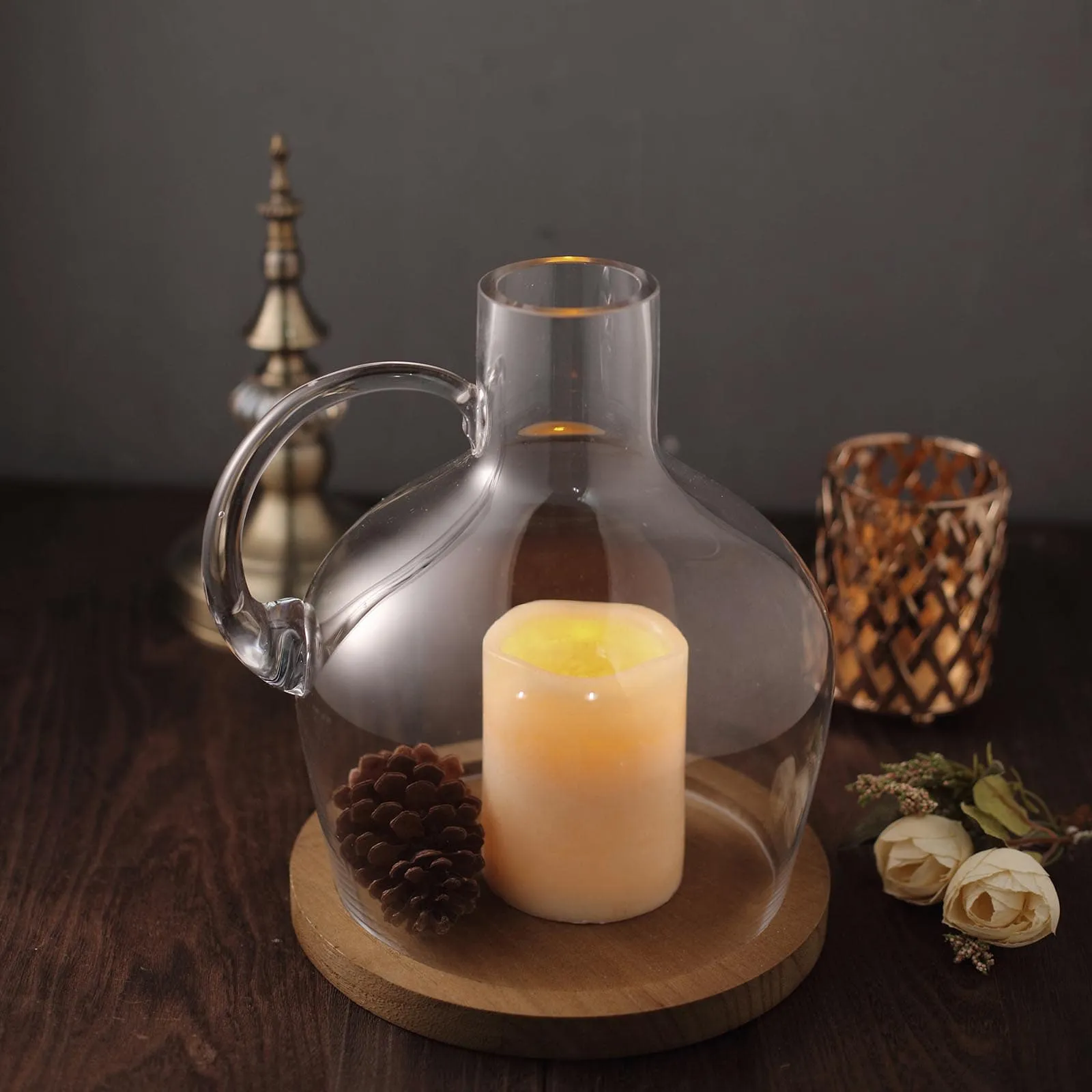 Glass Candle Holder Cloche Jar Dome 10" Clear with Wooden Base - Heavy Duty Wedding Centerpiece