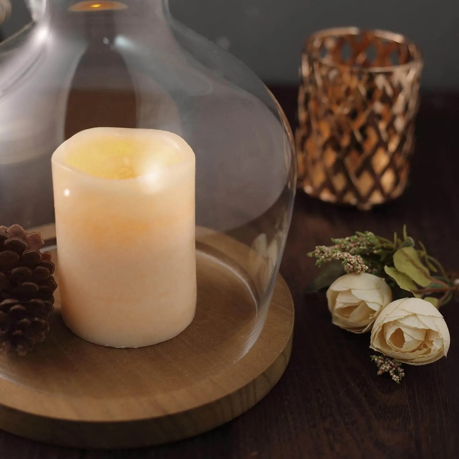 Glass Candle Holder Cloche Jar Dome 10" Clear with Wooden Base - Heavy Duty Wedding Centerpiece