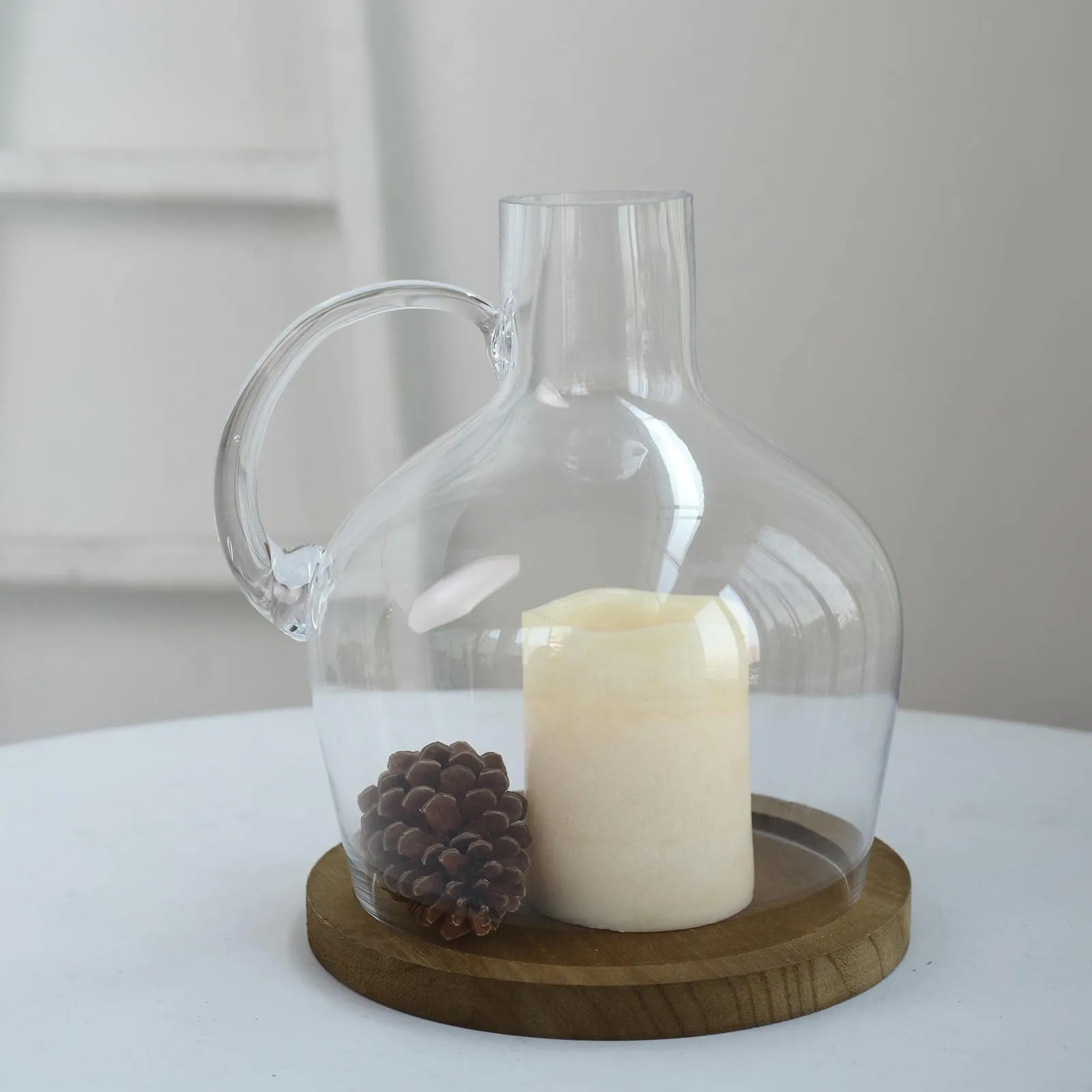 Glass Candle Holder Cloche Jar Dome 10" Clear with Wooden Base - Heavy Duty Wedding Centerpiece