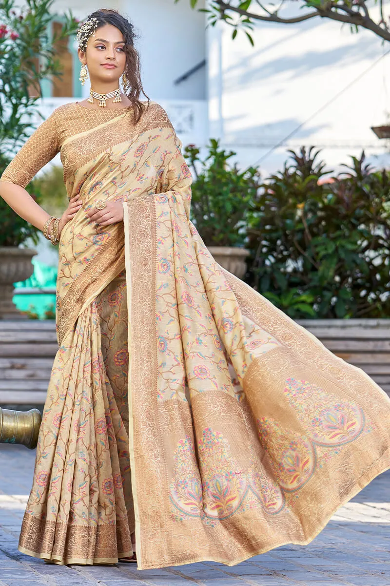 Hypnotic Beige Pashmina saree With Ideal Blouse Piece