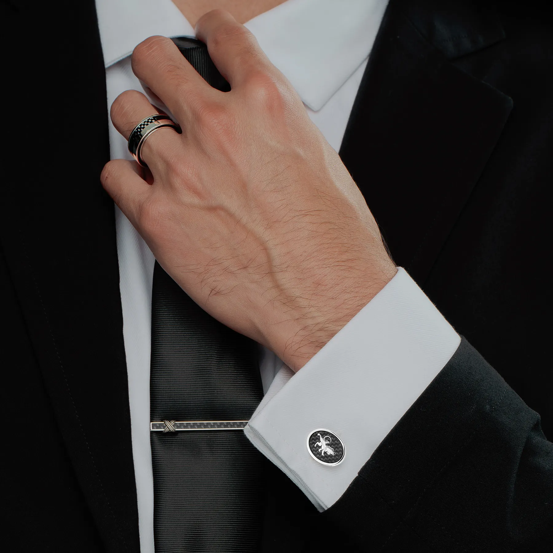 Infinity Tie Clip in Rhodium Plated with Black Carbon Fibre