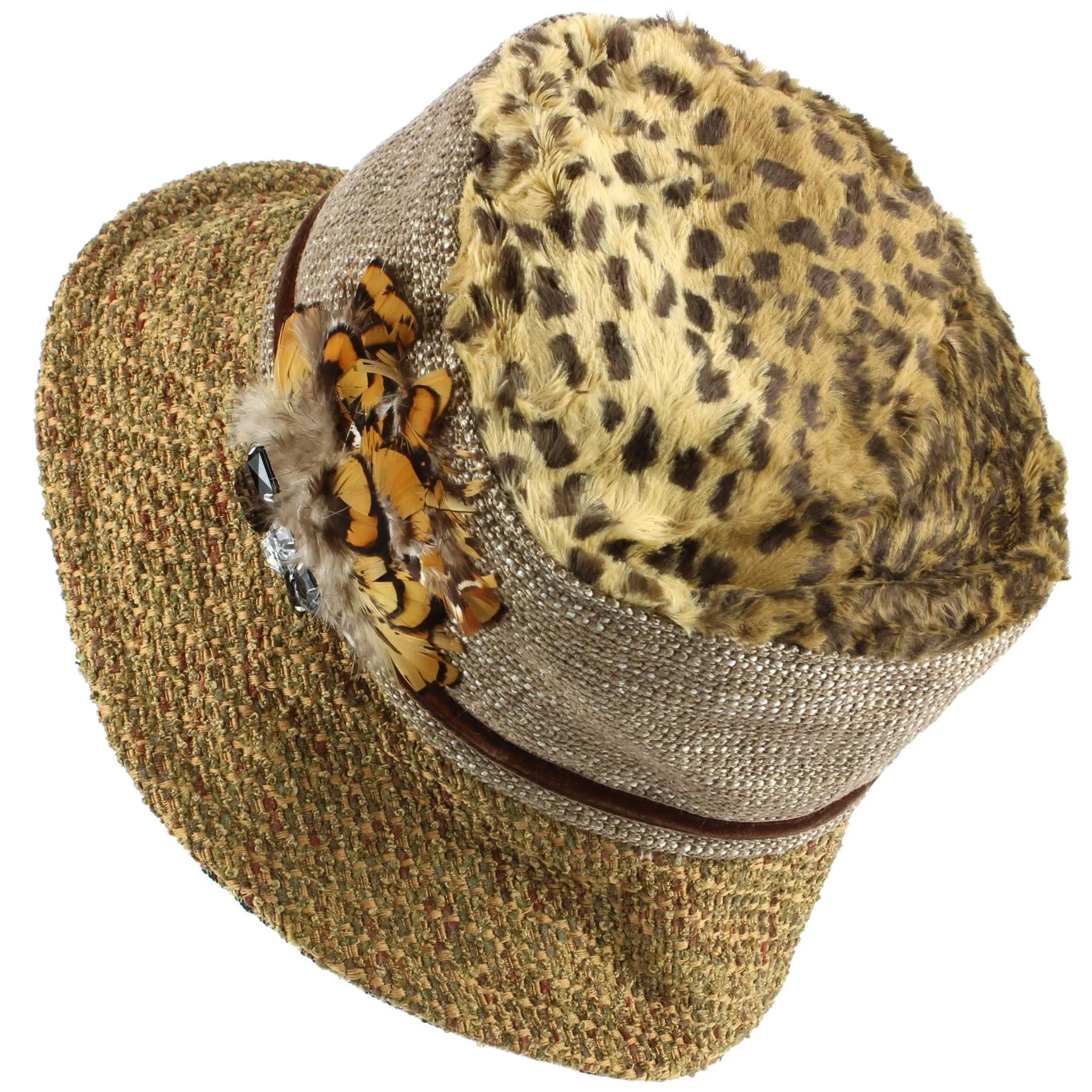 Ladies Mixed Fabric Cloche Hat with Leopard Print Crown