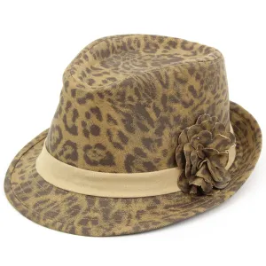Leopard print trilby hat with side flower - Brown