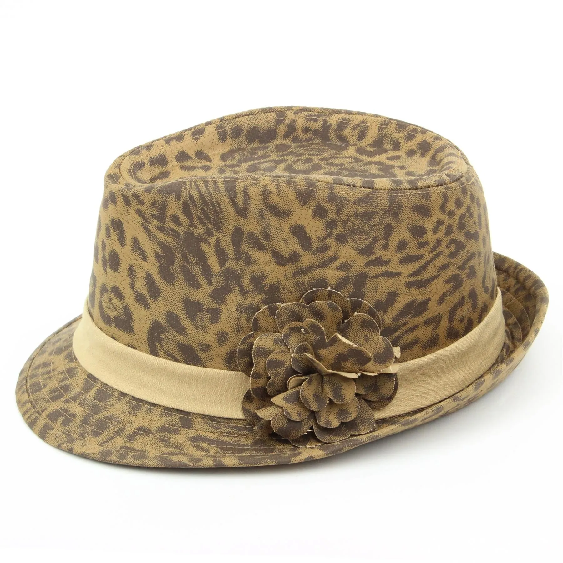 Leopard print trilby hat with side flower - Brown