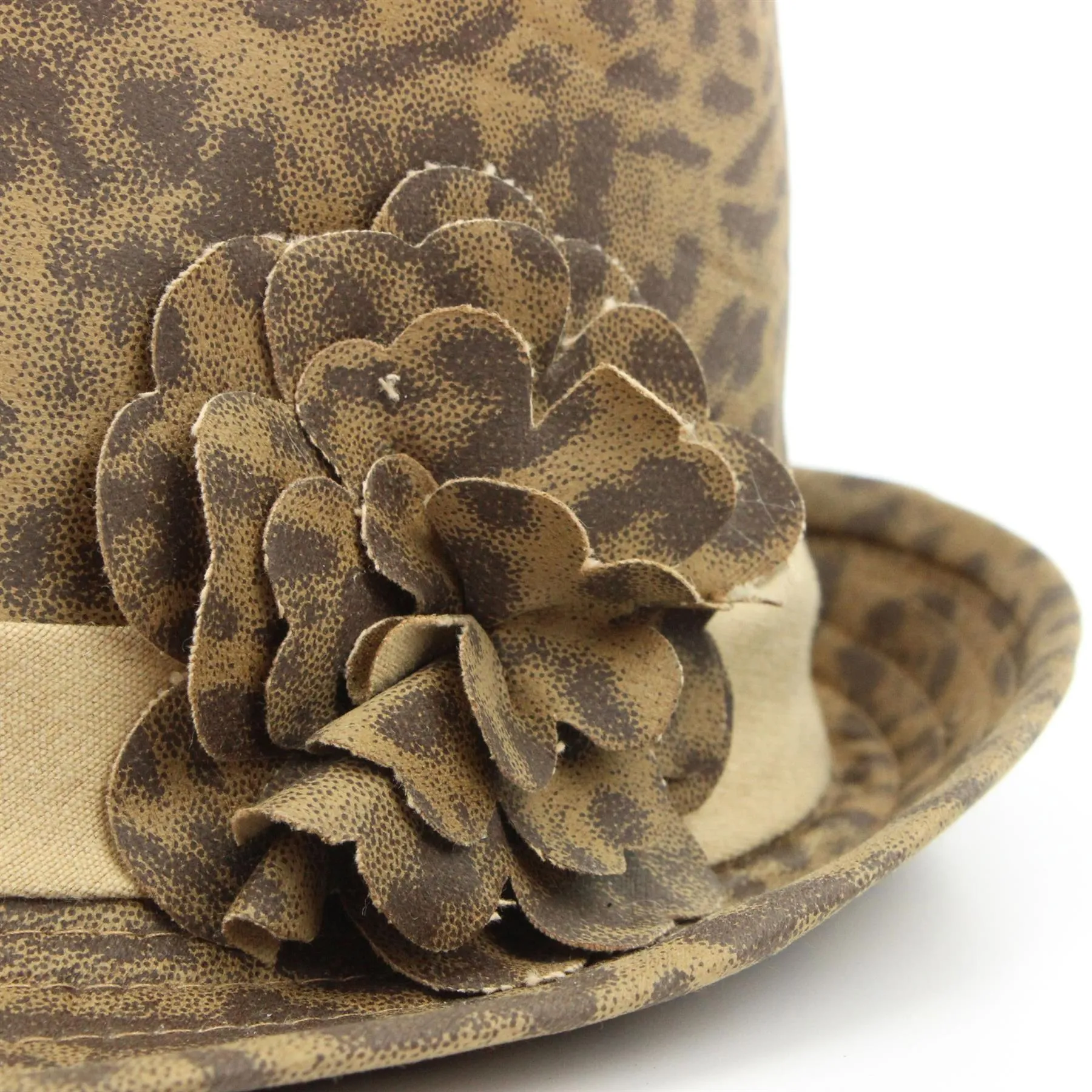 Leopard print trilby hat with side flower - Brown