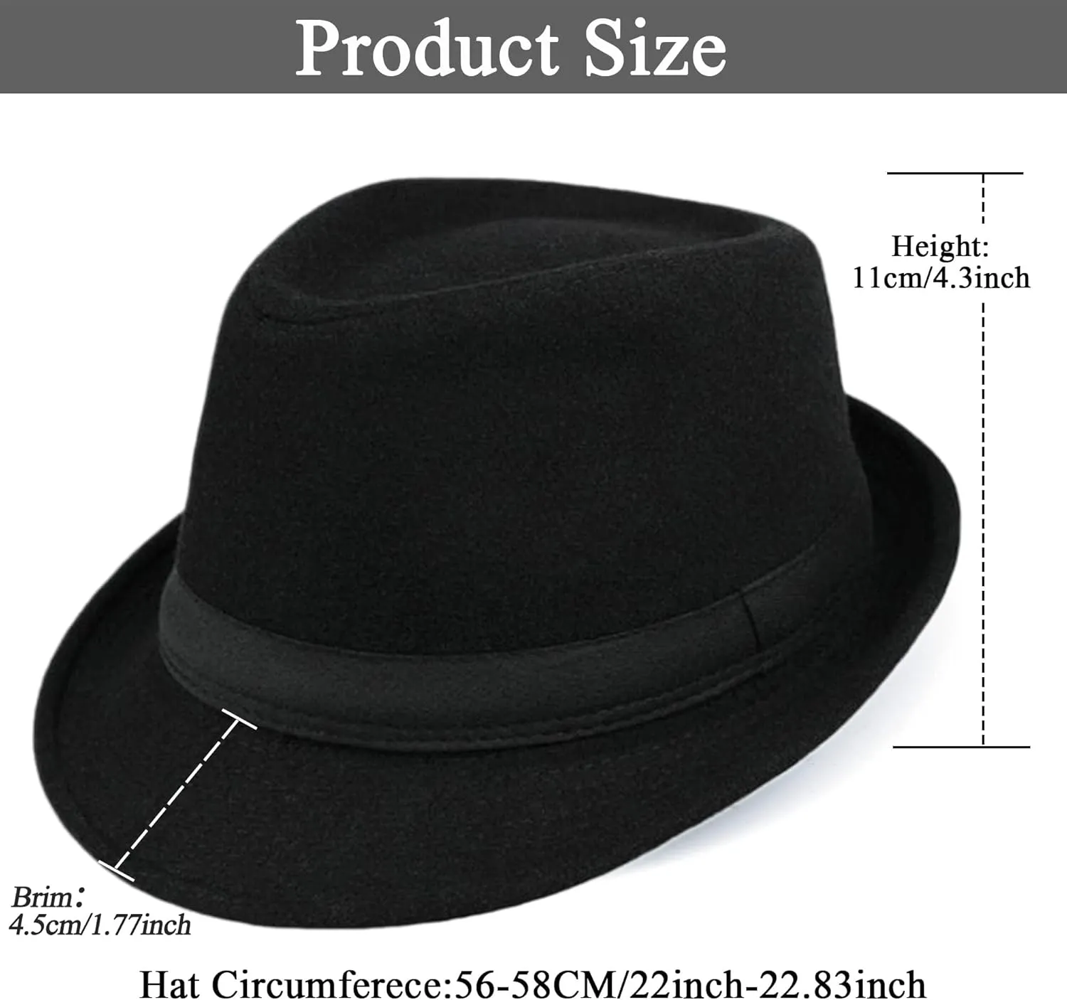 Men Classic Fedora-Hat Felt Manhattan-Gangster-Trilby with Band Unisex Women's Structured Trilby Fedora Hat(Size:S)