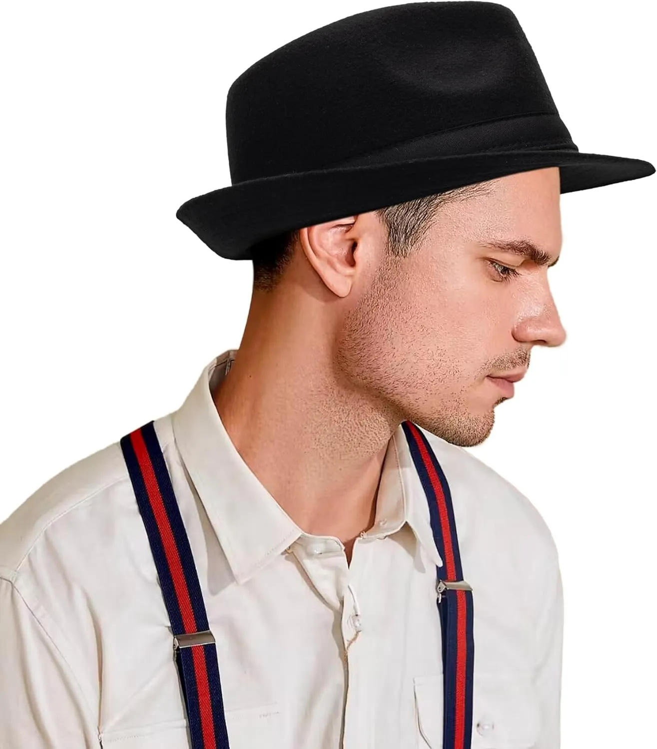 Men Classic Fedora-Hat Felt Manhattan-Gangster-Trilby with Band Unisex Women's Structured Trilby Fedora Hat(Size:S)
