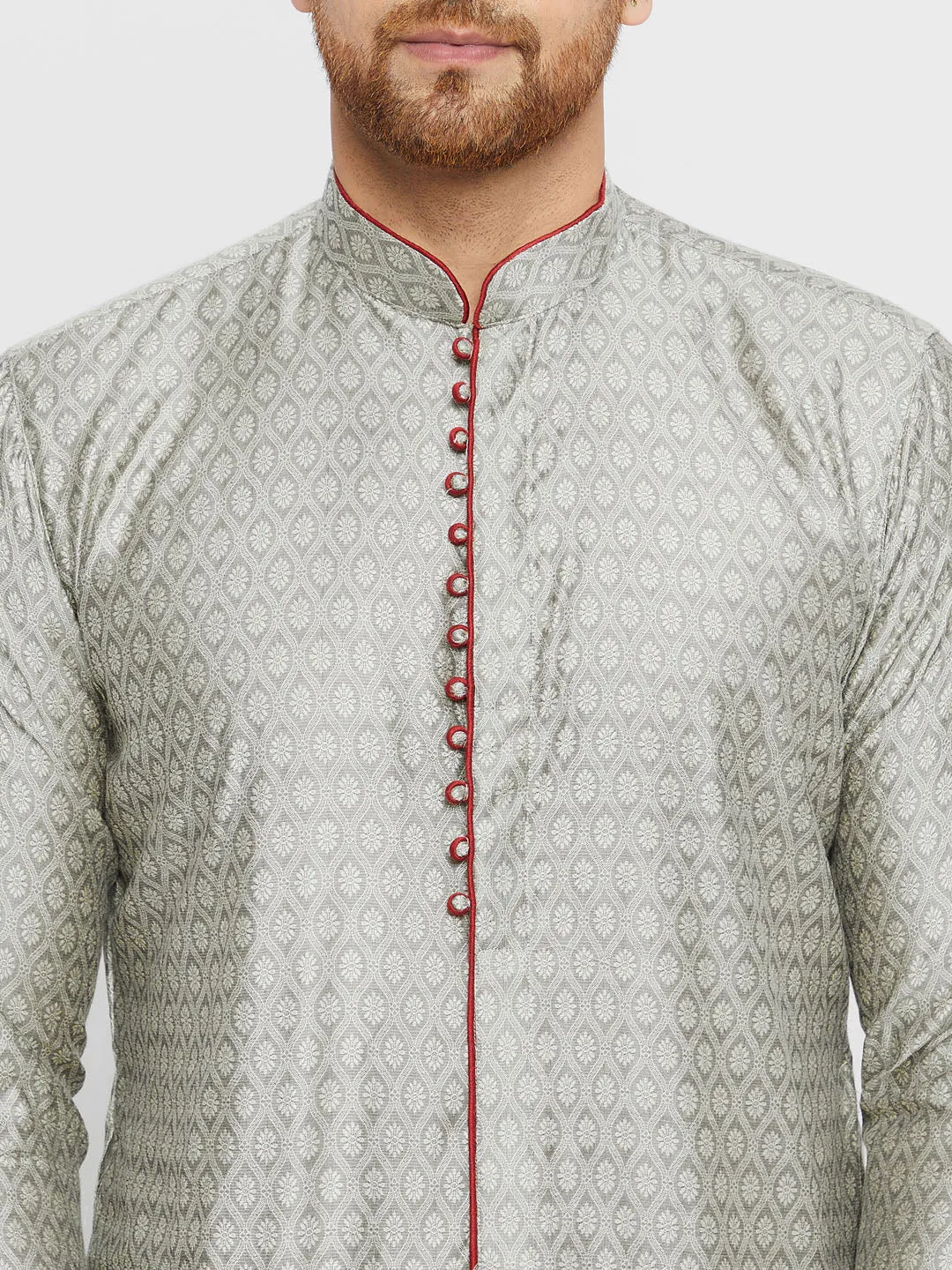 Men's Beige,Grey And Maroon Silk Blend Kurta - Vastramay