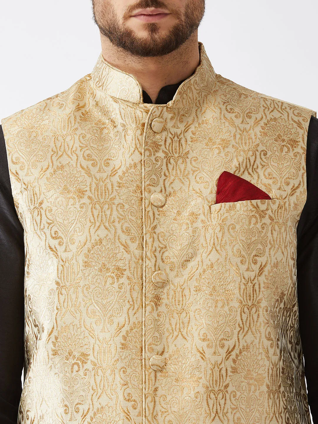 Men's Black, Rose Gold And Maroon Silk Blend Jacket, Kurta And Dhoti Set - Vastramay