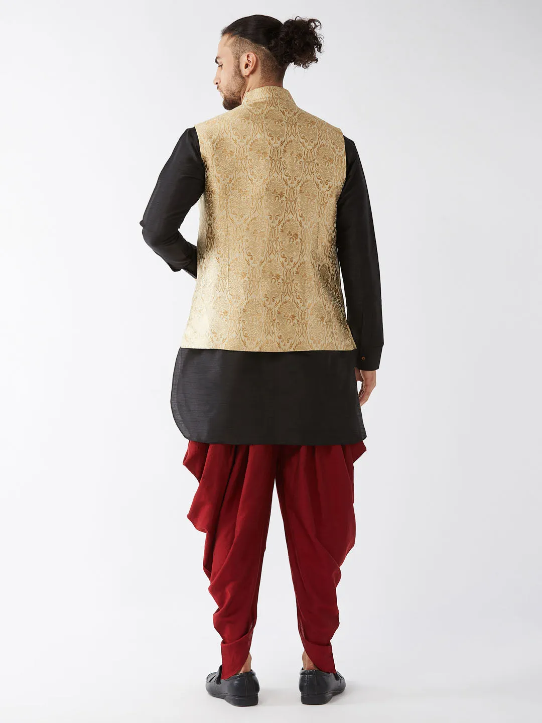 Men's Black, Rose Gold And Maroon Silk Blend Jacket, Kurta And Dhoti Set - Vastramay
