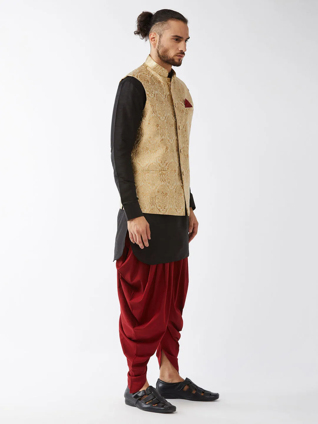 Men's Black, Rose Gold And Maroon Silk Blend Jacket, Kurta And Dhoti Set - Vastramay