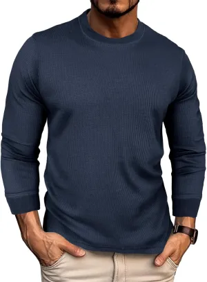 Men's Waffle Basic T-Shirt Long Sleeve Thermal Crew Neck Casual Top Underwear Lightweight Base Layer