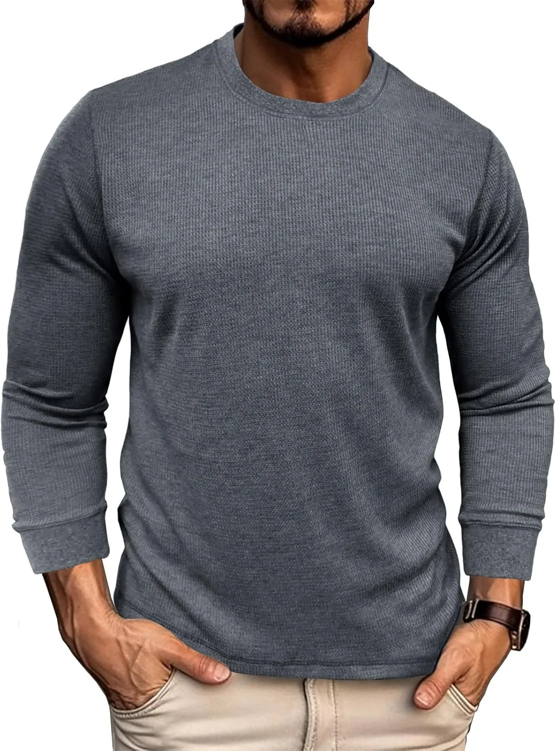 Men's Waffle Basic T-Shirt Long Sleeve Thermal Crew Neck Casual Top Underwear Lightweight Base Layer