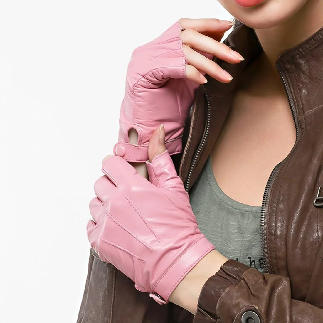 Nappaglo Women Driving Nappa Leather Gloves Half Finger Fingerless Lined Gloves