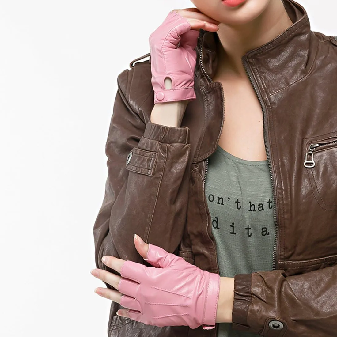 Nappaglo Women Driving Nappa Leather Gloves Half Finger Fingerless Lined Gloves