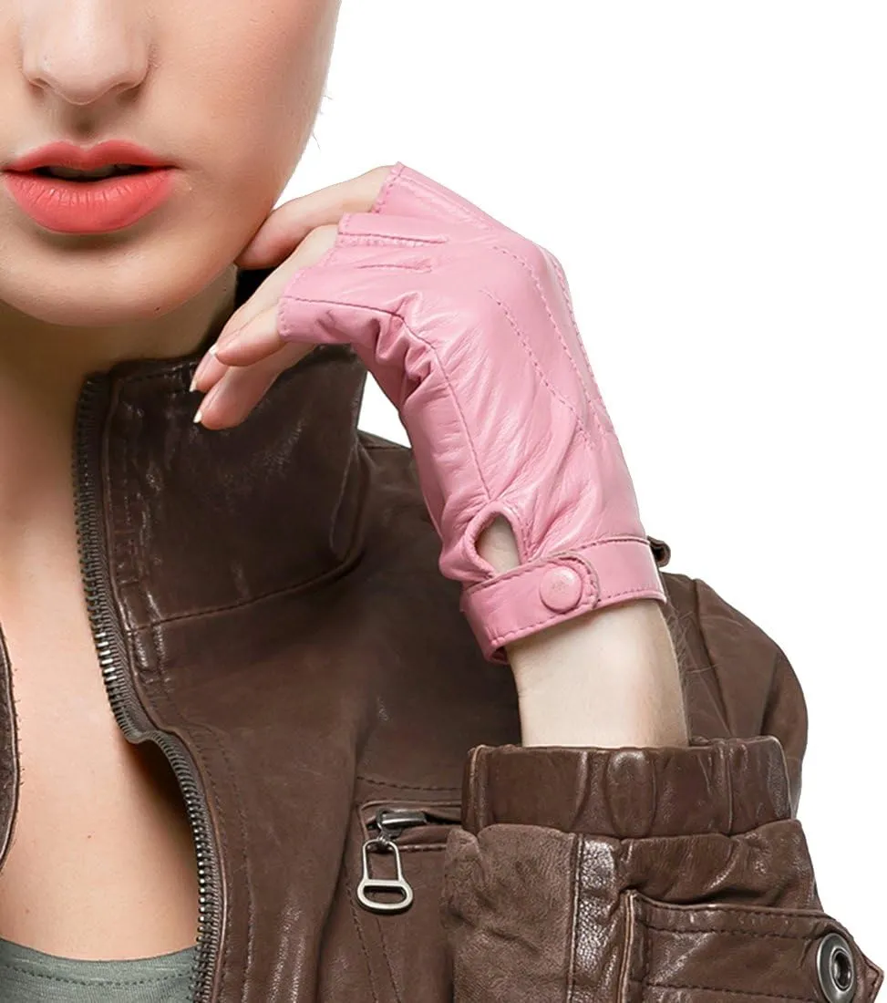 Nappaglo Women Driving Nappa Leather Gloves Half Finger Fingerless Lined Gloves