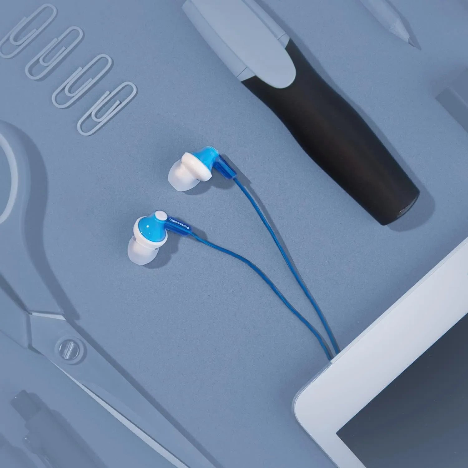 Panasonic ErgoFit Wired Earbuds, In-Ear Headphones with Dynamic Crystal-Clear Sound and Ergonomic Custom-Fit Earpieces (S/M/L), 3.5mm Jack for Phones and Laptops, No Mic - RP-HJE120-A (Blue)