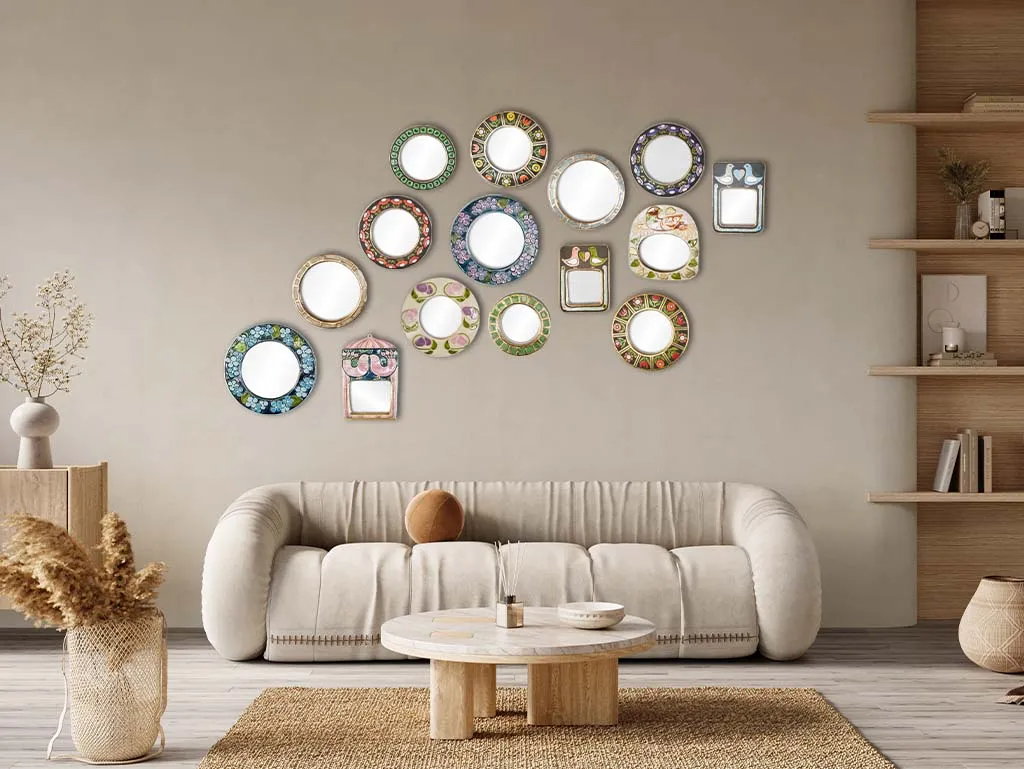 Round mid-century modern mirror w/ yellow & orange flowers - Mithe Espelt (1924-2021) - 11½"